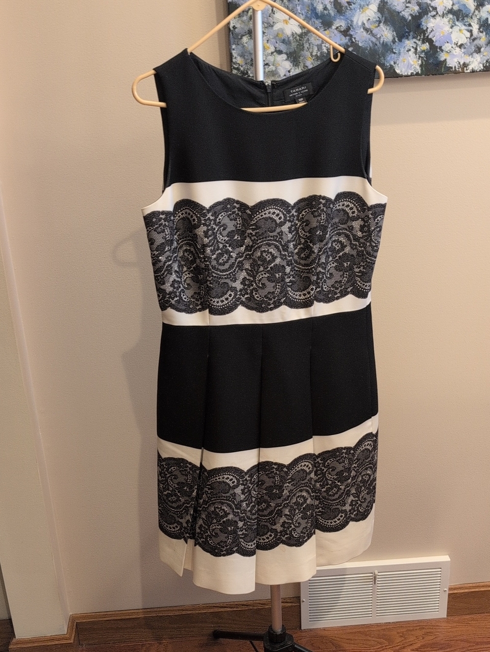 Tahari Black and White Lace-Trim Midi Dress